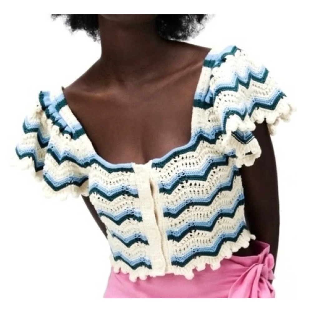 Zara | Crochet Chevron Stripe Button Front Crop Top Blue Cream Green | Sz S